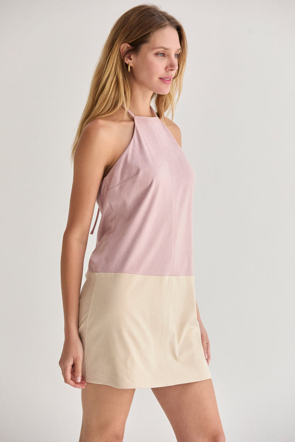 Sidney Suede Color Block Halter Mini Dress