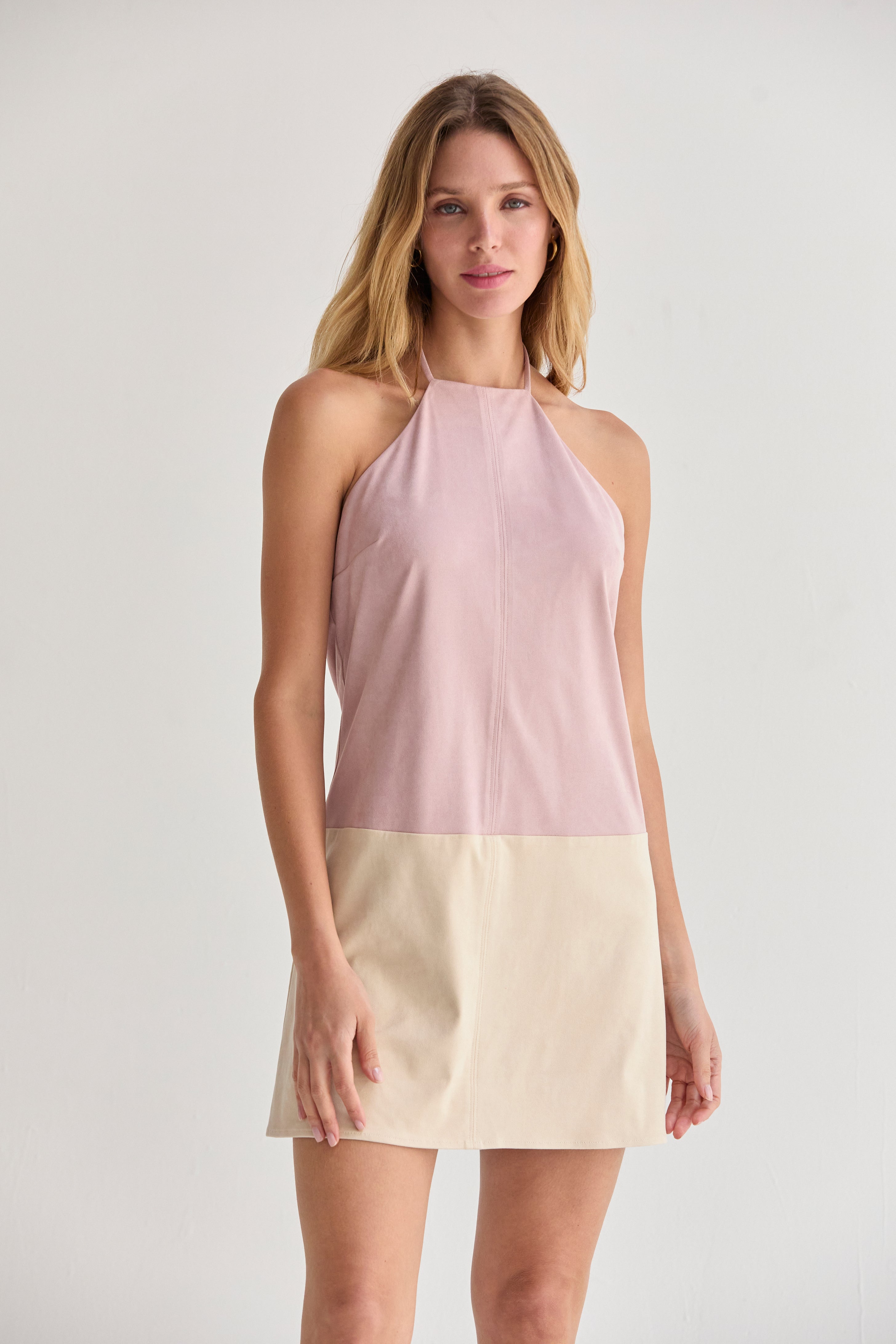 Sidney Suede Color Block Halter Mini Dress