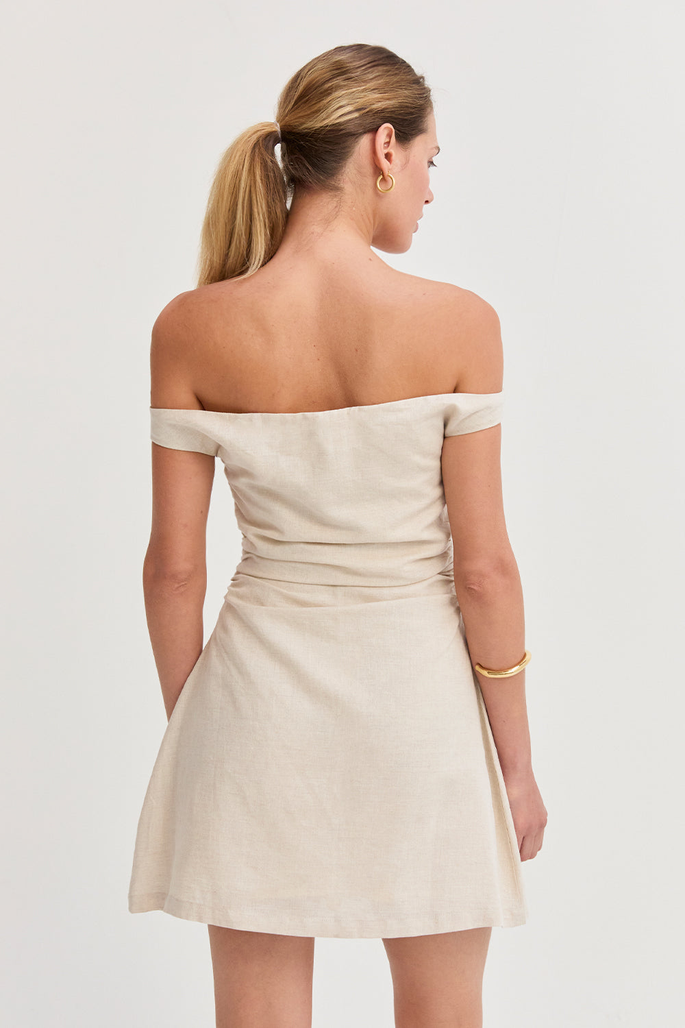 Talia Off Shoulder Side Ruched Linen Mini Dress