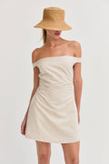 Talia Off Shoulder Side Ruched Linen Mini Dress