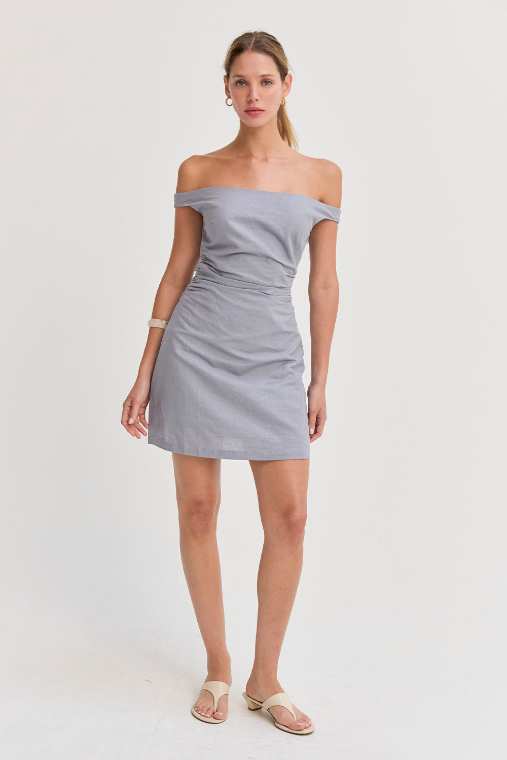 Talia Off Shoulder Side Ruched Linen Mini Dress