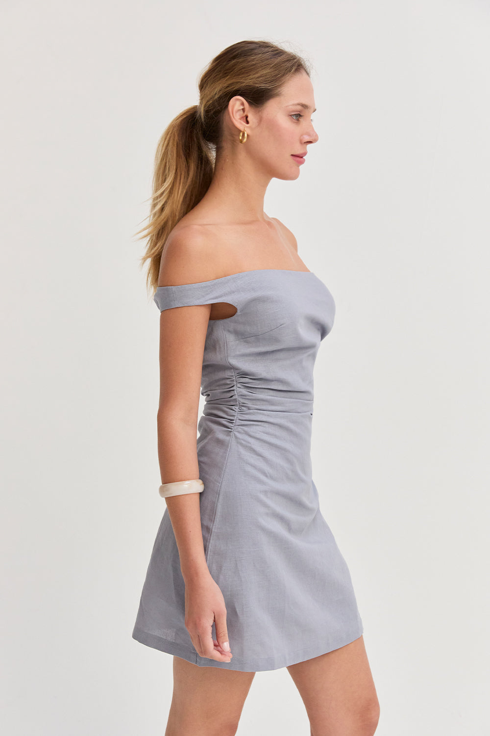 Talia Off Shoulder Side Ruched Linen Mini Dress