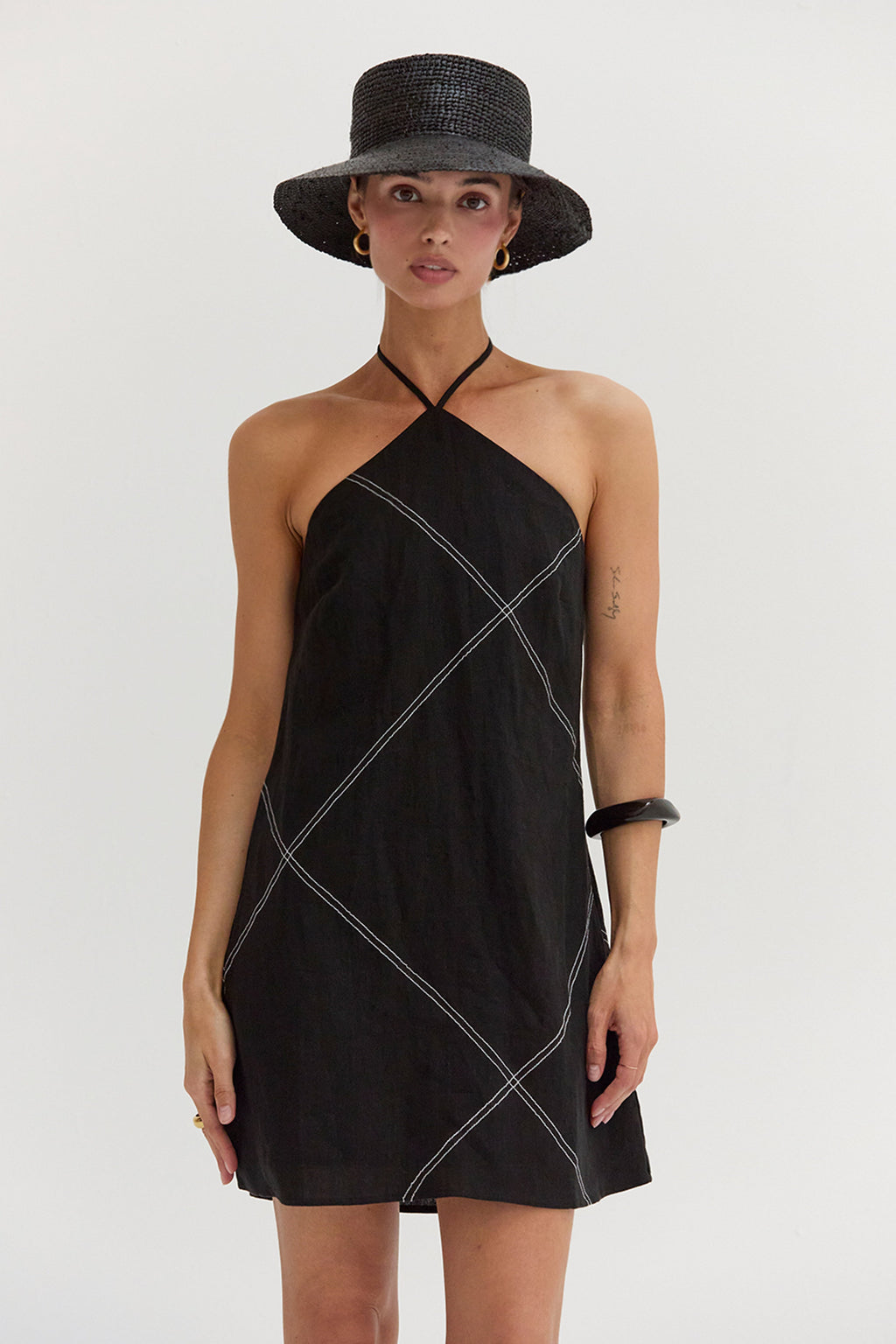 Lena Contrast Stitch Halter Linen Mini Dress