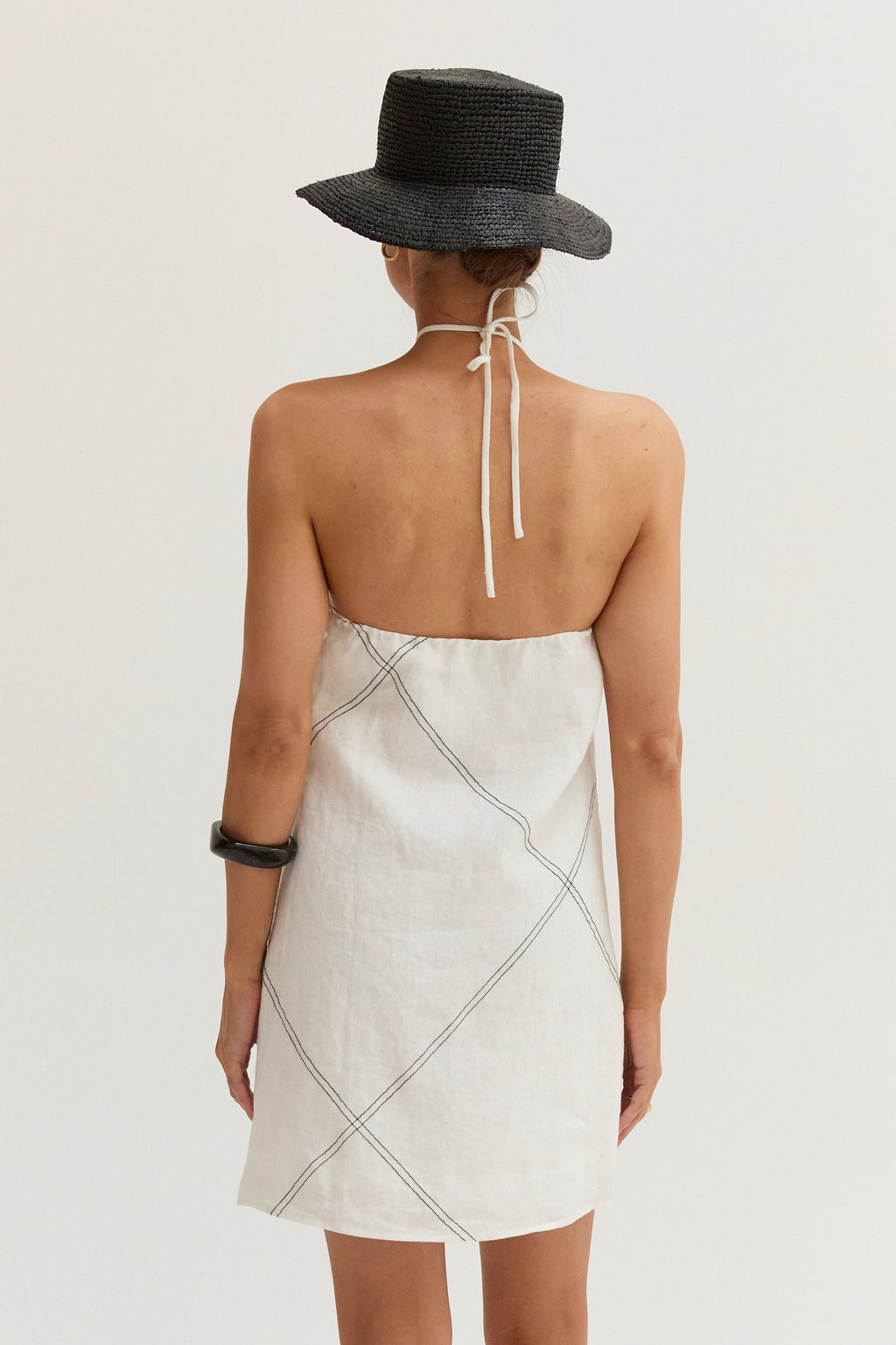 Lena Contrast Stitch Halter Linen Mini Dress