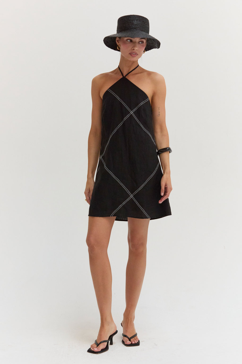 Lena Contrast Stitch Halter Linen Mini Dress