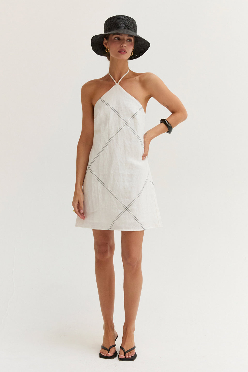 Lena Contrast Stitch Halter Linen Mini Dress