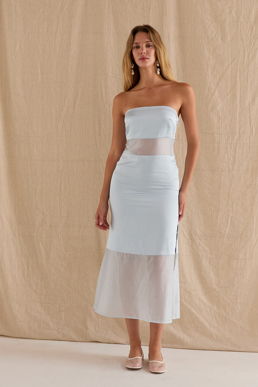 white tube midi dress Austin Satin Mixed Media Tube Midi Dress – laeusa